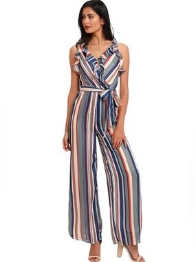 Lulus Divine Time Blue and Grey Multi Striped Wide Leg Jumpsuit, size M